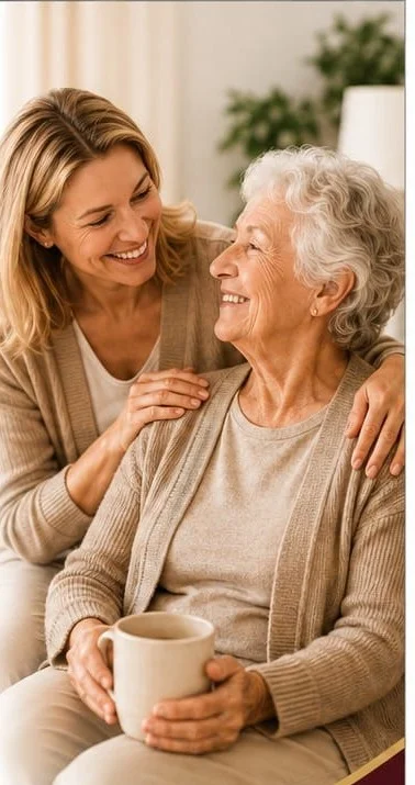Betreuerin und Seniorin sitzen lachend zusammen auf dem Sofa