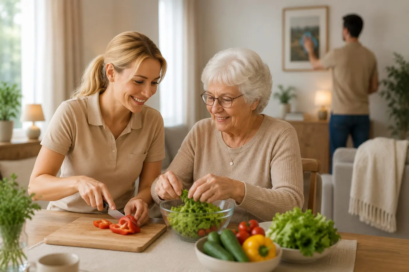Betreuerin und Seniorin bereiten gemeinsam frisches Gemüse zu